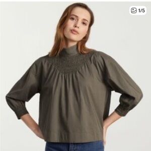 Everlane olive taupe Smocked Blouse